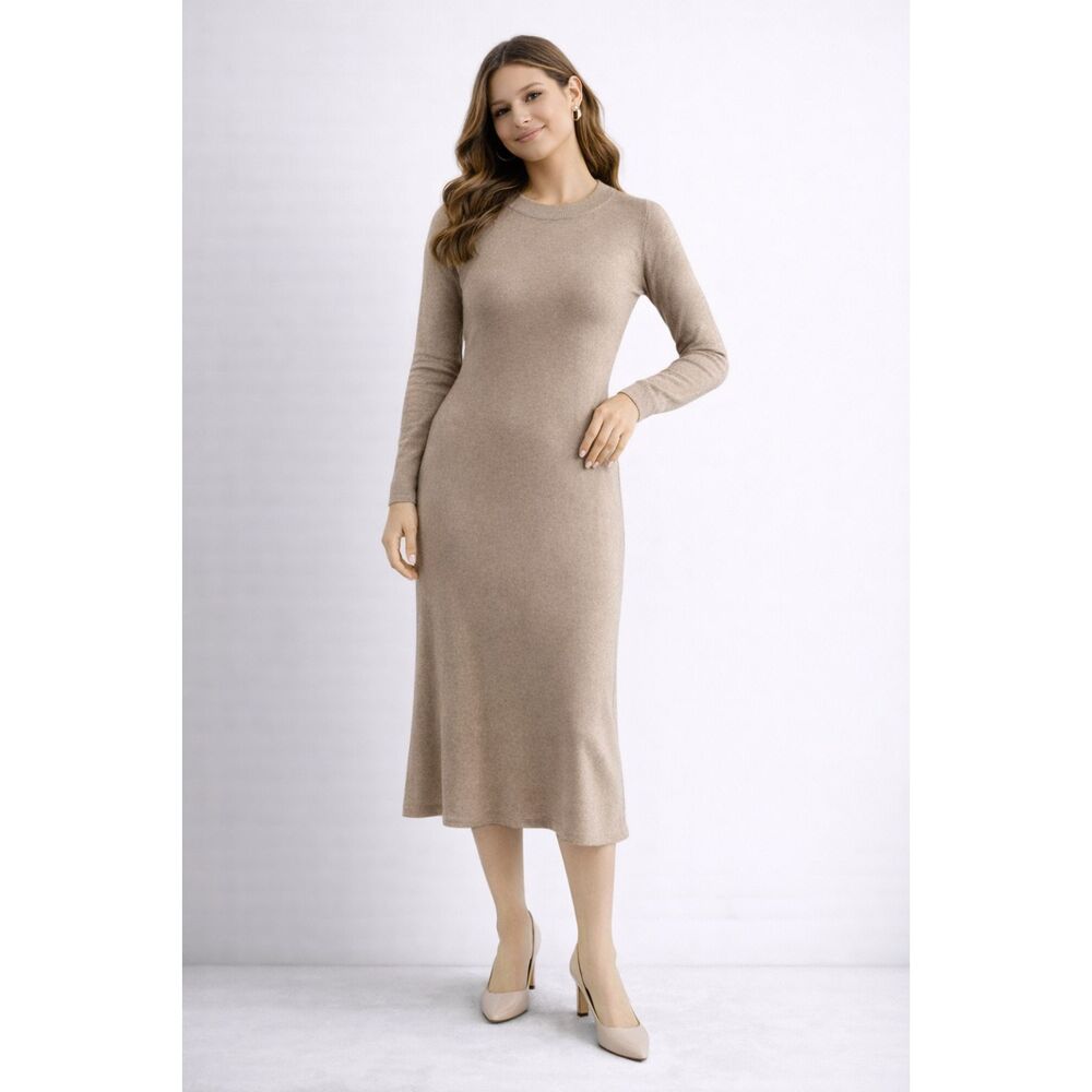 100% Cashmere Trend Dress Tan Long Sleeve Midi M